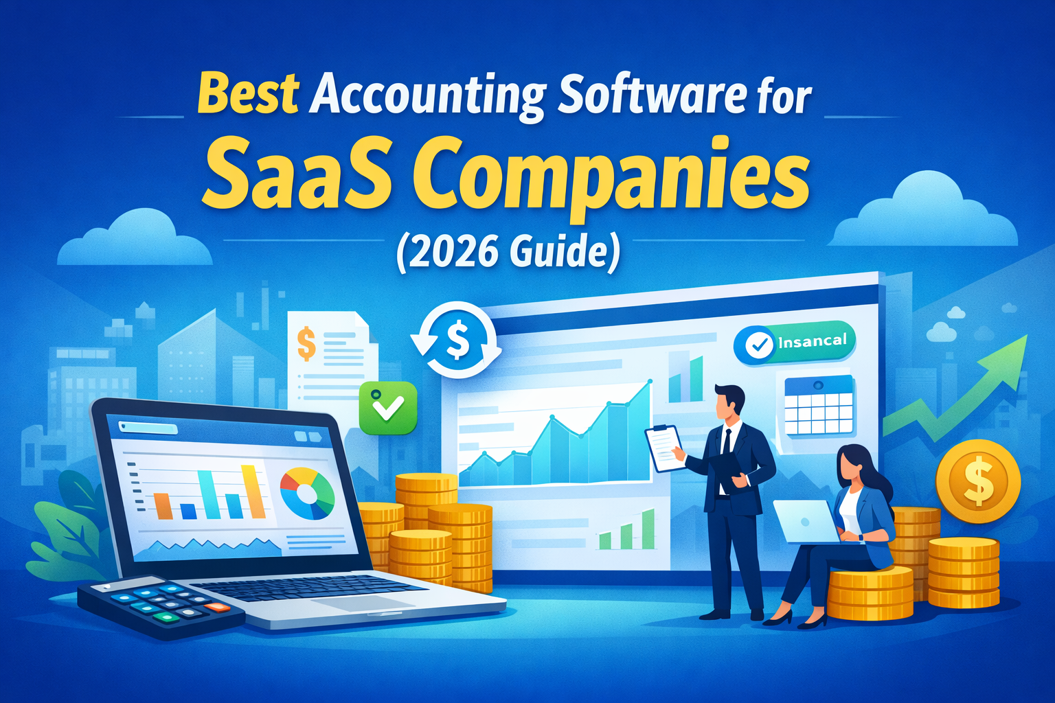 Dashboard illustration showing accounting software for SaaS companies with revenue charts, subscription billing, and financial analytics tools