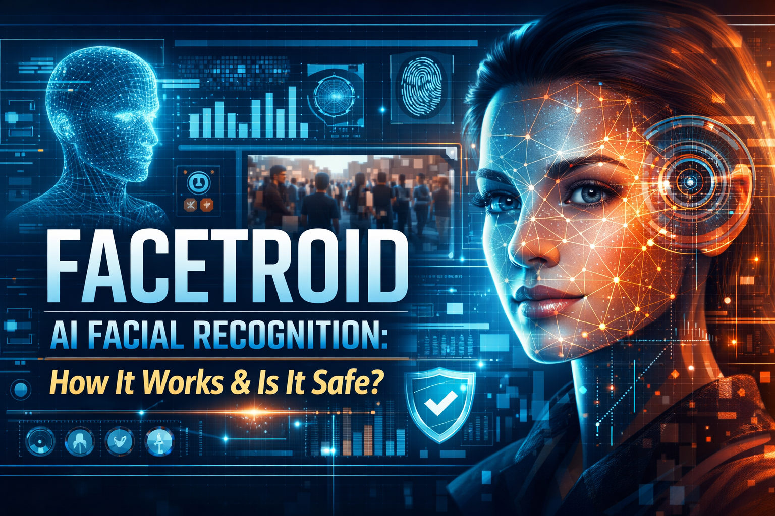 Facetroid AI Facial Recognition: How It Works & Is It Safe? Futuristic AI interface scanning human faces with real-time monitoring and security overlays.
