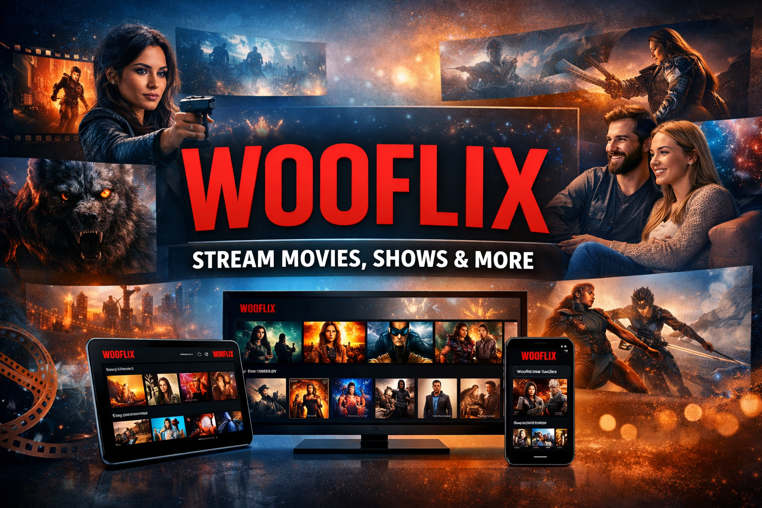 Wooflix streaming platform showcasing movies, TV shows, and app interface on multiple devices