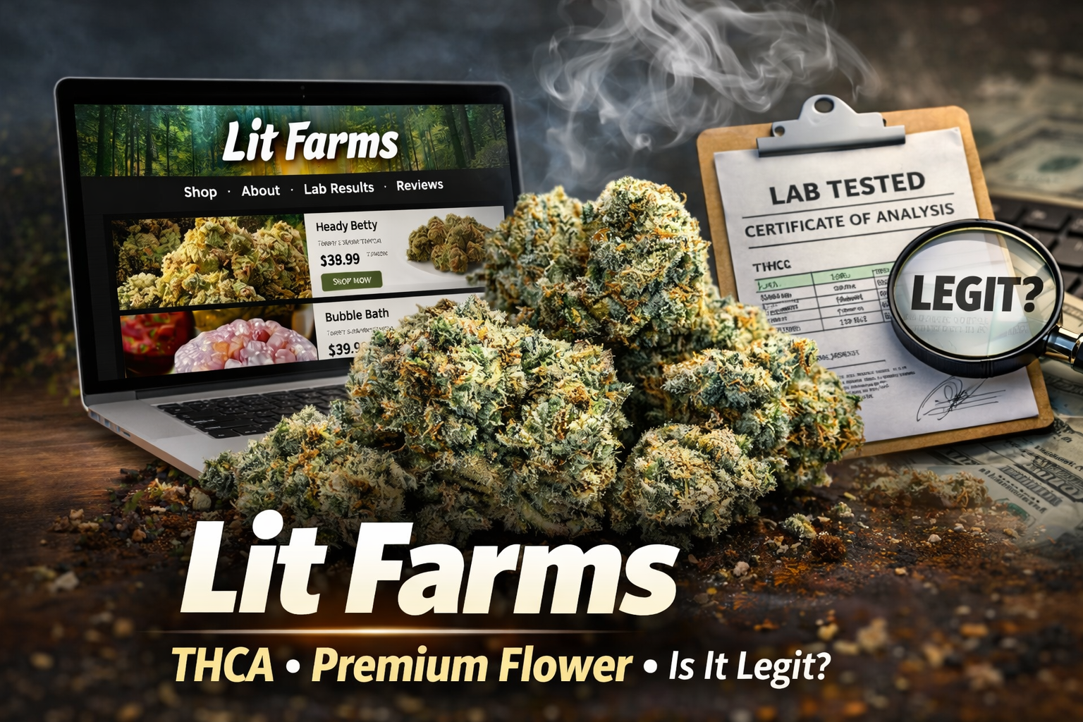 Lit Farms THCA flower, website review, lab-tested certificate, and legitimacy check