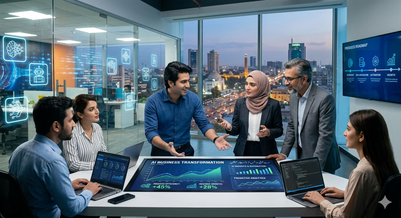 AI business transformation concept with digital AI and data analytics in modern business environment
