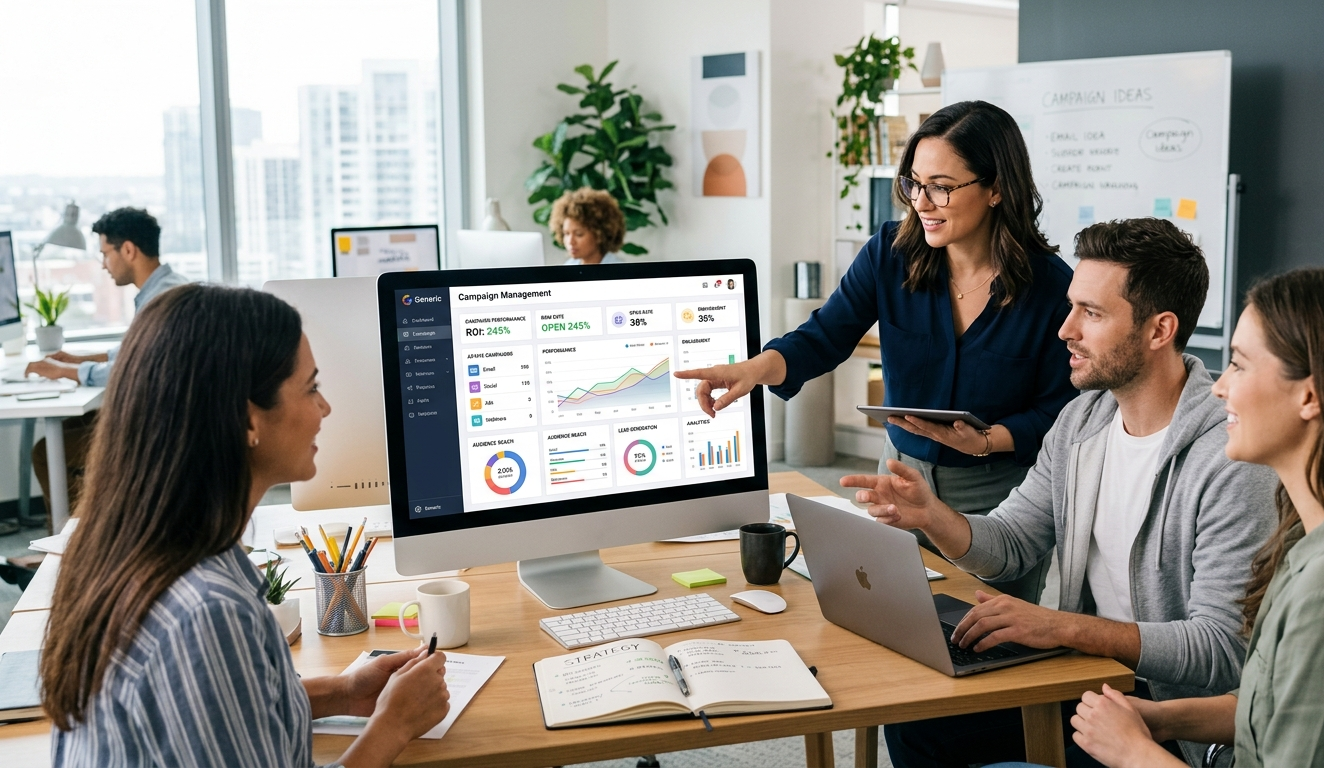 Campaign management software dashboard showing marketing analytics and automation tools on a modern screen