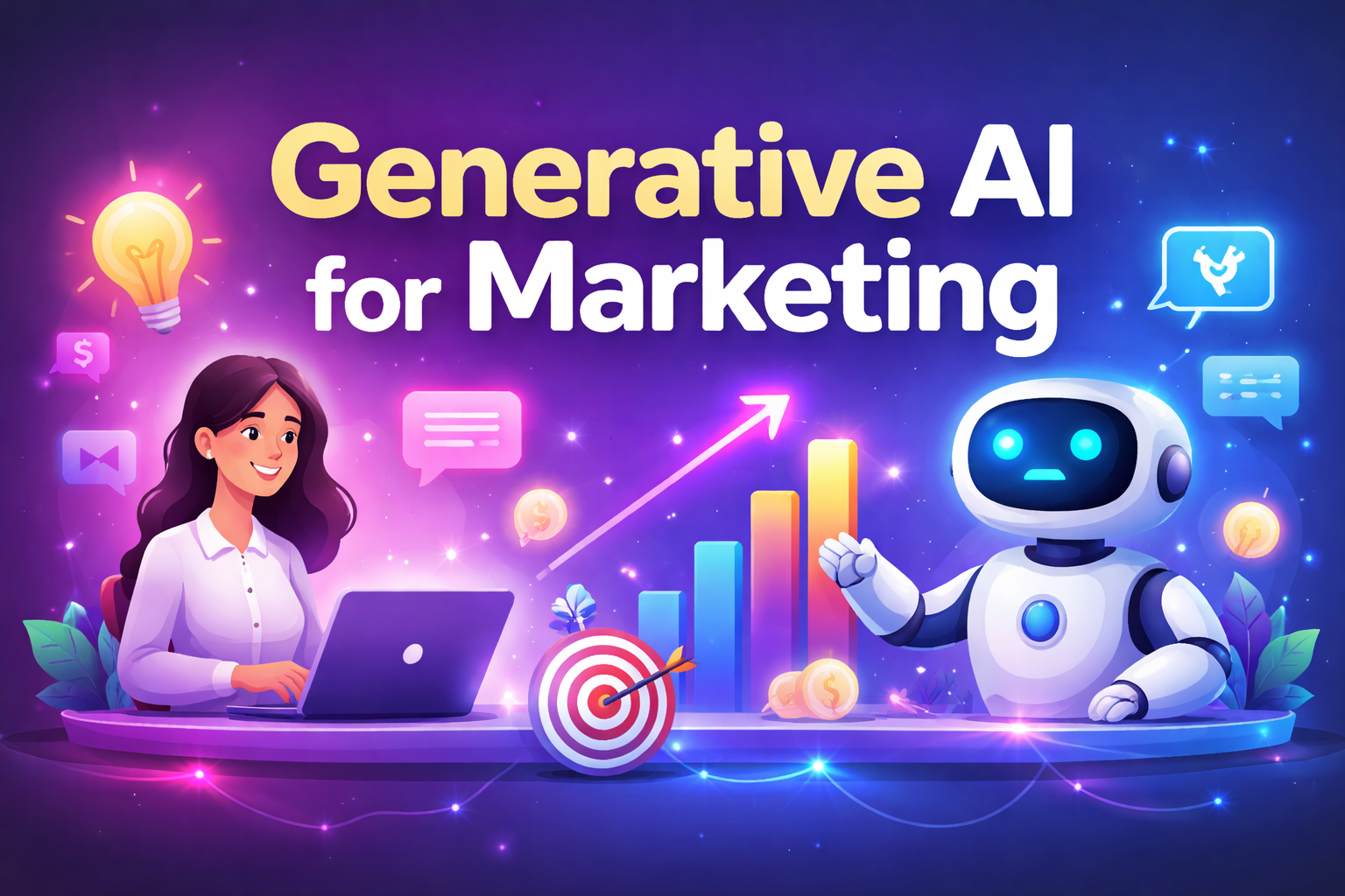 Generative AI for marketing concept with AI robot, analytics growth chart, and digital marketing elements