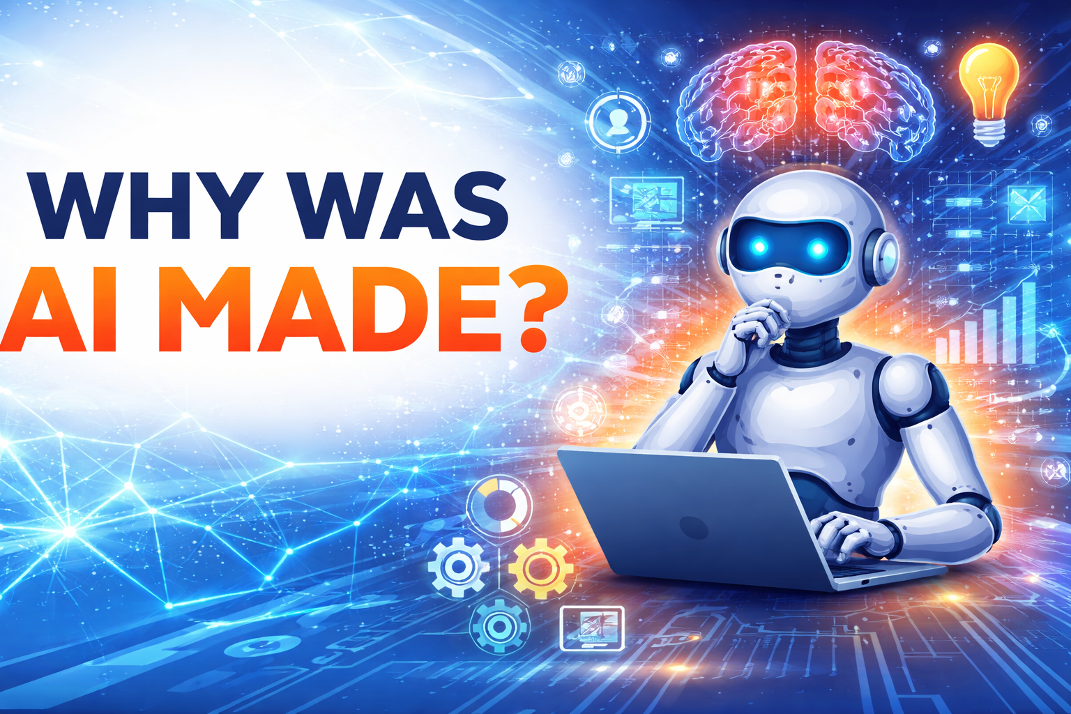 Humanoid robot using laptop with AI neural networks illustrating why AI was made.