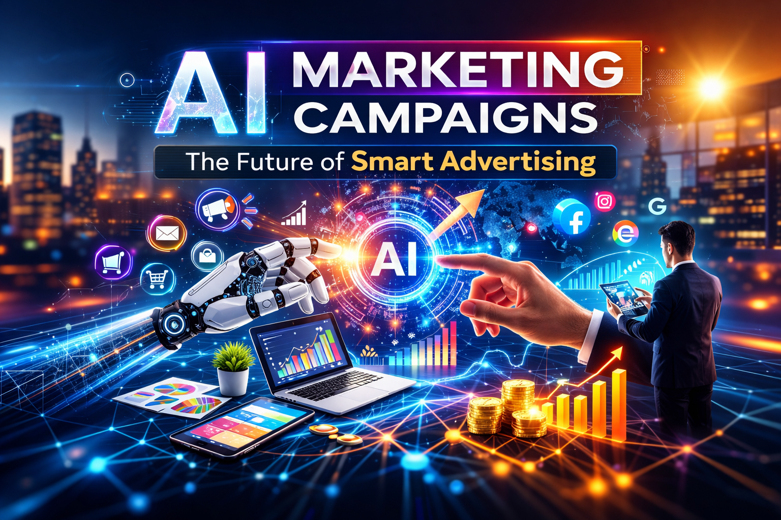 AI marketing campaigns concept showing artificial intelligence analyzing digital advertising data and marketing performance