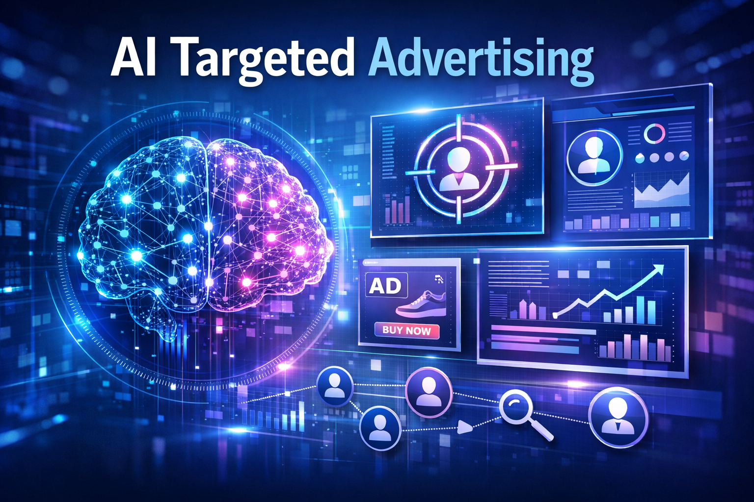 AI targeted advertising concept with artificial intelligence analyzing user data for personalized marketing