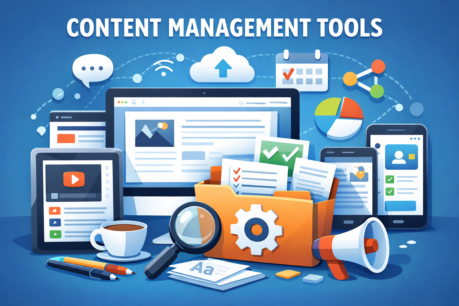 Content management tools dashboard with digital workflow