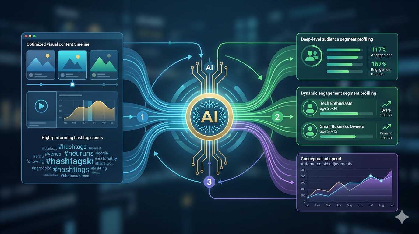 An advanced AI dashboard showing a custom social media strategy with visual content timelines, hashtag clouds, and deep-level audience segment profiling.