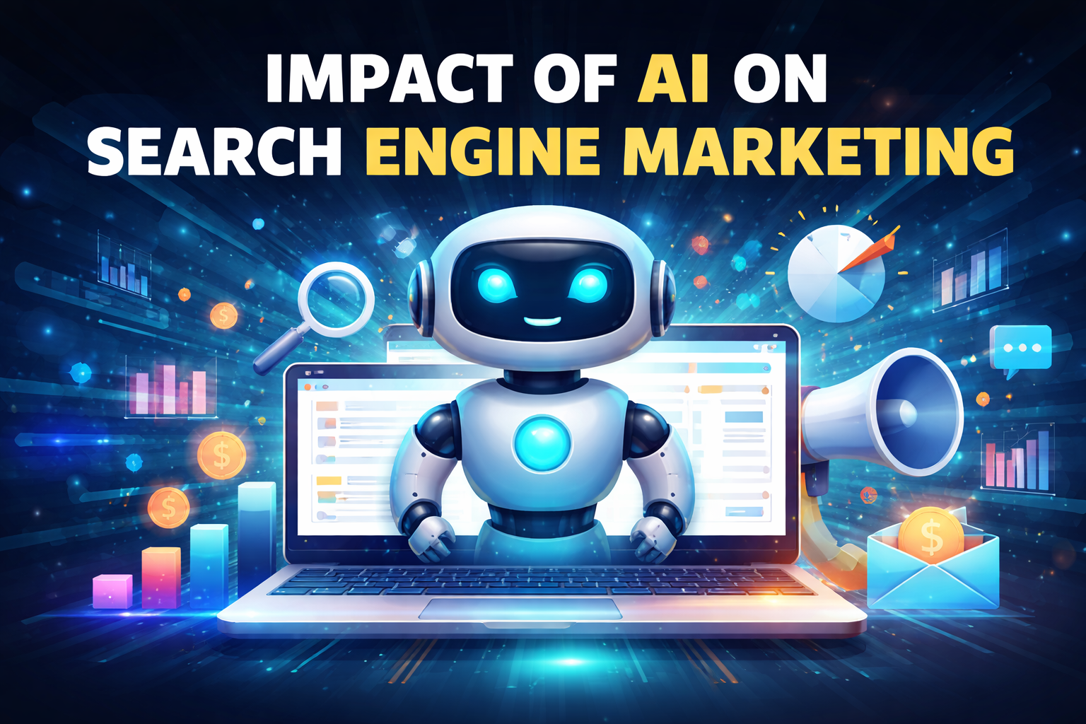 Futuristic AI robot with digital marketing elements representing the impact of AI on search engine marketing
