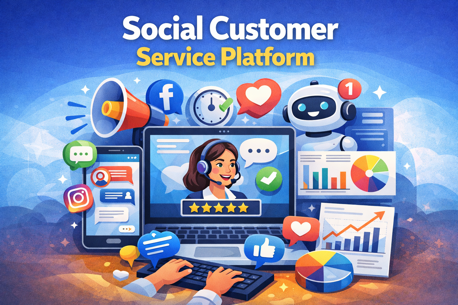 Digital illustration of a social customer service platform showing a smiling agent on a laptop, surrounded by social media icons, chatbot, and analytics charts.