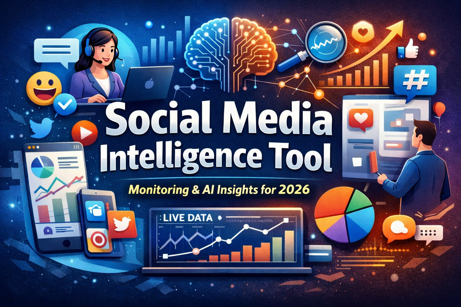 Social media intelligence tool dashboard with AI analytics, graphs, and real-time monitoring for digital marketing insights.