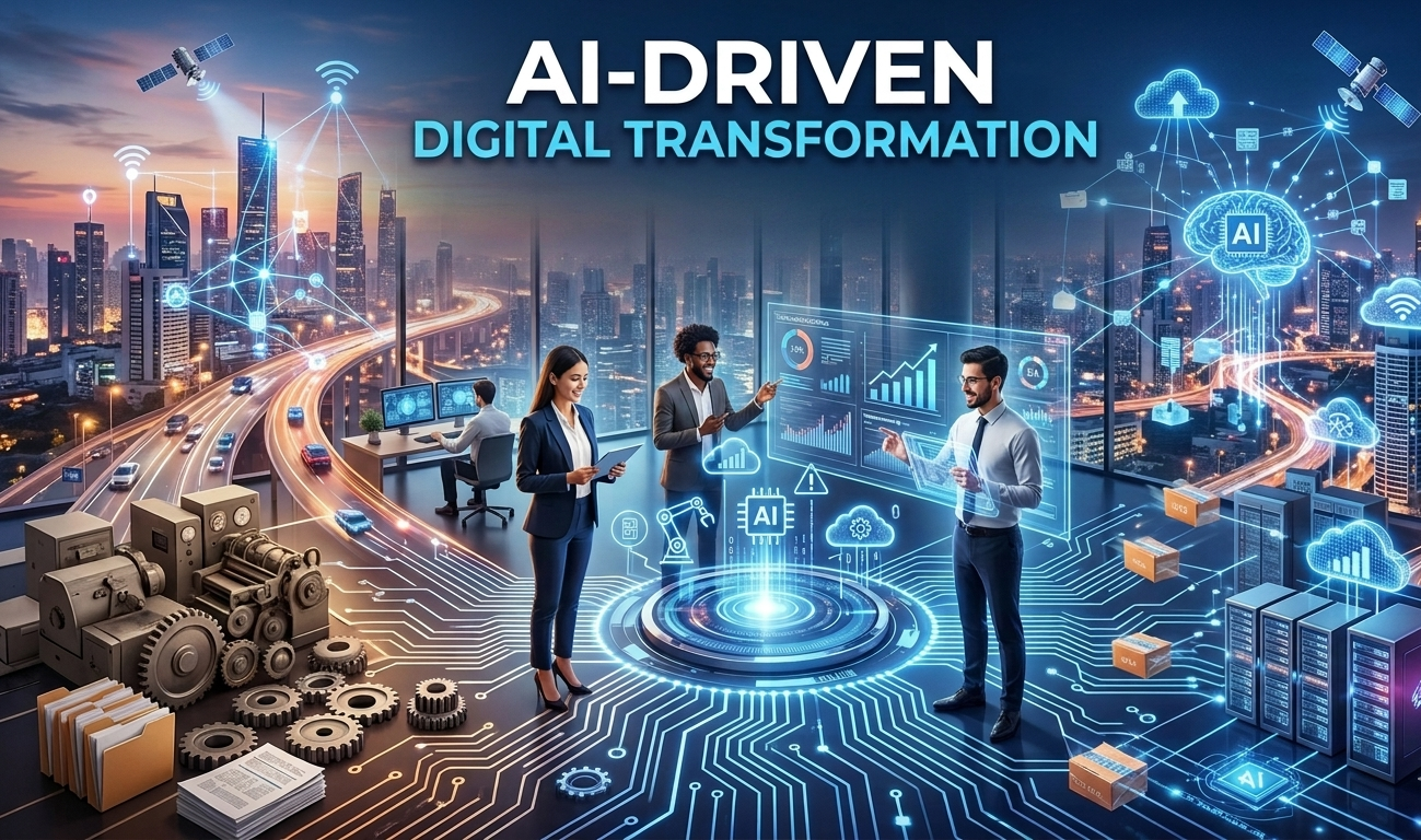AI driven digital transformation showing artificial intelligence improving business processes and enterprise automation