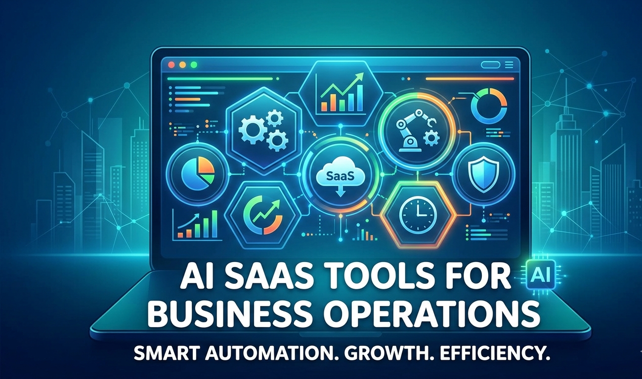 AI SaaS tools for business operations showing automation, analytics, and AI-driven decision making in modern business workflow
