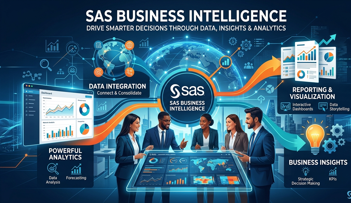 SAS Business Intelligence dashboard showing data analytics charts and business insights for decision making