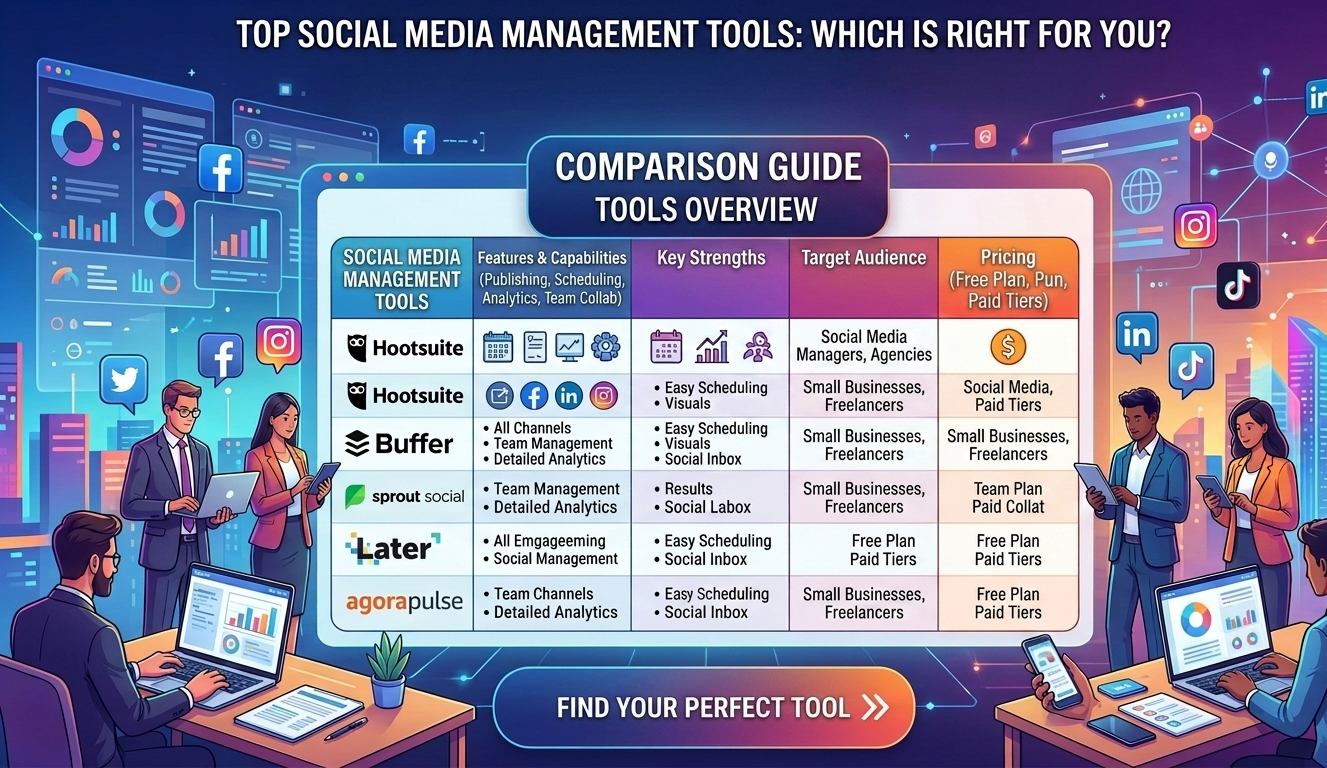 Comparison chart of social media management tools features and pricing